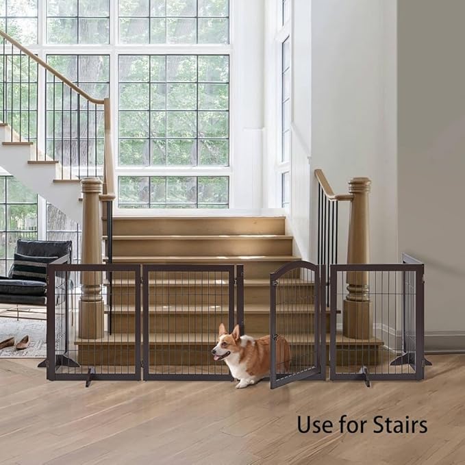 unipaws 144" Extra Wide Dog Gate and Playpen, Free Standing 31.5" Tall Pet Fence with Walk Through Door, Barriers for Home, Use as Indoor Dogs Cats Rabbit Pen, Espresso