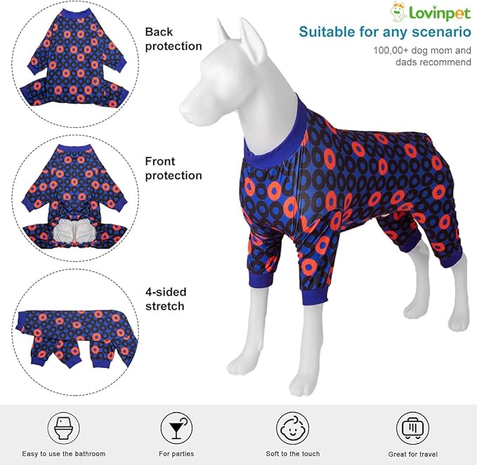 LovinPet Pet Pjs for Large Dogs Anti Licking Anxiety Calming Big Dog Pajamas, Lightweight Stretchy Fabric, Ring Print, Jammies for Large Dogs, Pitbull Party Clothes, Big Dog Costume,XL