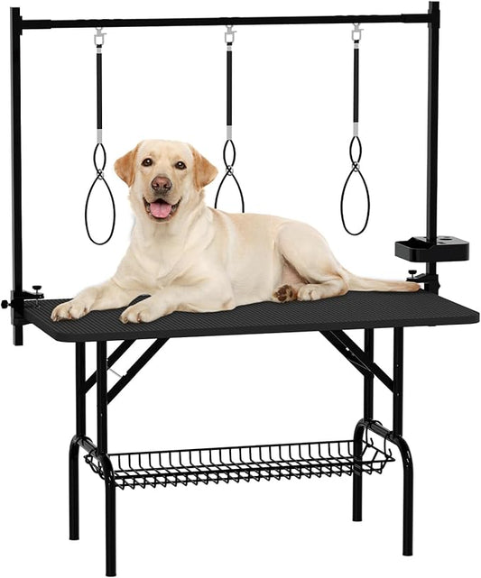 VFK 36''/47''Large Dog Grooming Table, Foldable Pet Station at Home, Dog Grooming Table,Adjustable Cat Drying Desktop with Arms, Nooses, Mesh Tray (Basic pet Table, 47" Black)