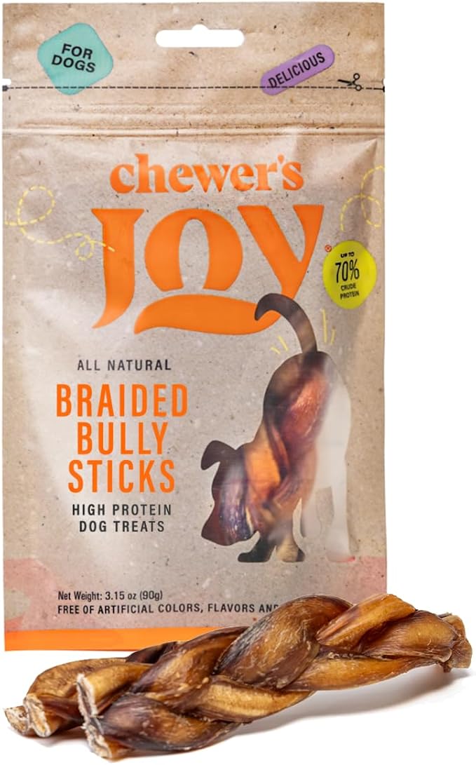 Chewer's Joy Braided Bully Sticks (3 Count) – Natural Dog Treats – Single Ingredient Long-Lasting Chews, High Protein