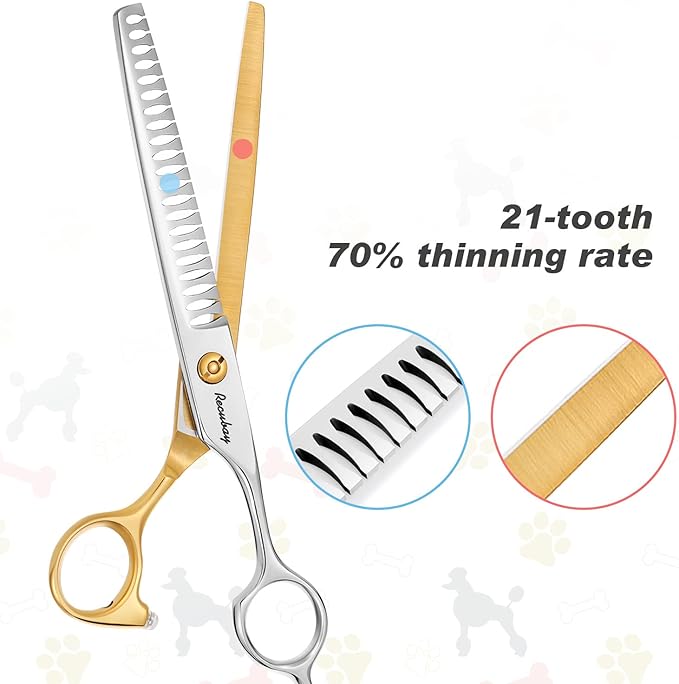 Dog Cat Scissors for Grooming, Pet Shears for Thick Coats and Matted Hair, Thinner Curved Straight Chunker Stainless Steel Shears (7.0" Chunker Gold-Silver)