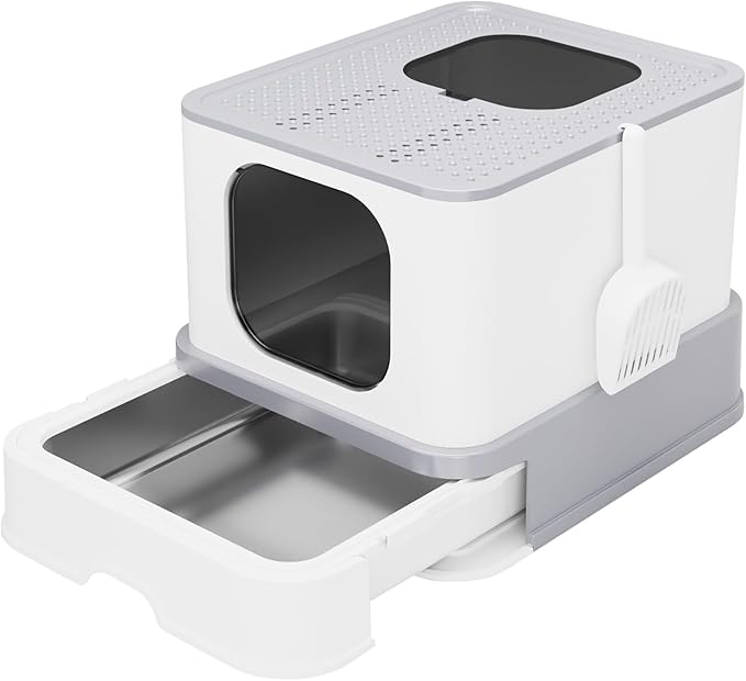 RIZZARI Stainless Steel Litter Box: Extra Large Design Prevents Leaks - Light Gray Enclosed Cat Pan - Odors Control for Cats Under 25 lbs - Bathroom Living Room Use