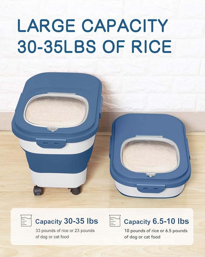 20-30 Lbs Rice Storage Container,Collapsible Food Storage Containers with Rolling Wheel Airtight Locking Lid,Flour Storage Container with Cup and Scoop,Suitable for Food,Rice,Pet Food,Flour