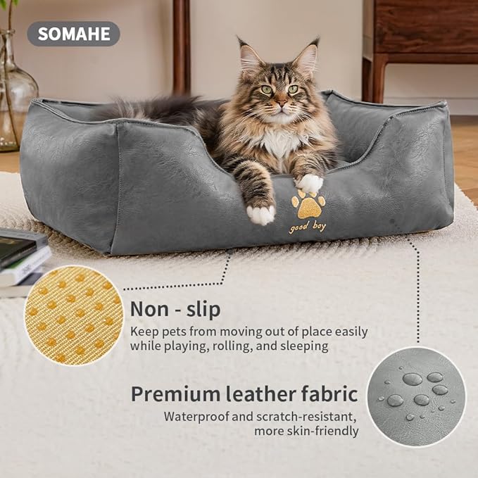 Premium Leather Cat Bed for Indoor Cats Premium Small Dog Bed Pet Nest with Anti-Slip Base Ultra Soft Texture for Comfortable Rest 24 × 18 × 9 inch Grey