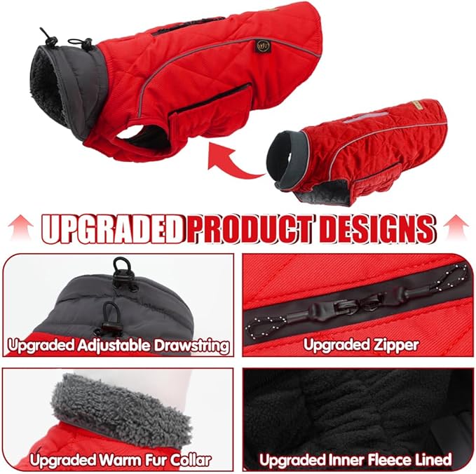 EMUST Winter Dog Coat for Medium Boys - Thick Clothes with Harness Hole for Cold Weather, Red, M