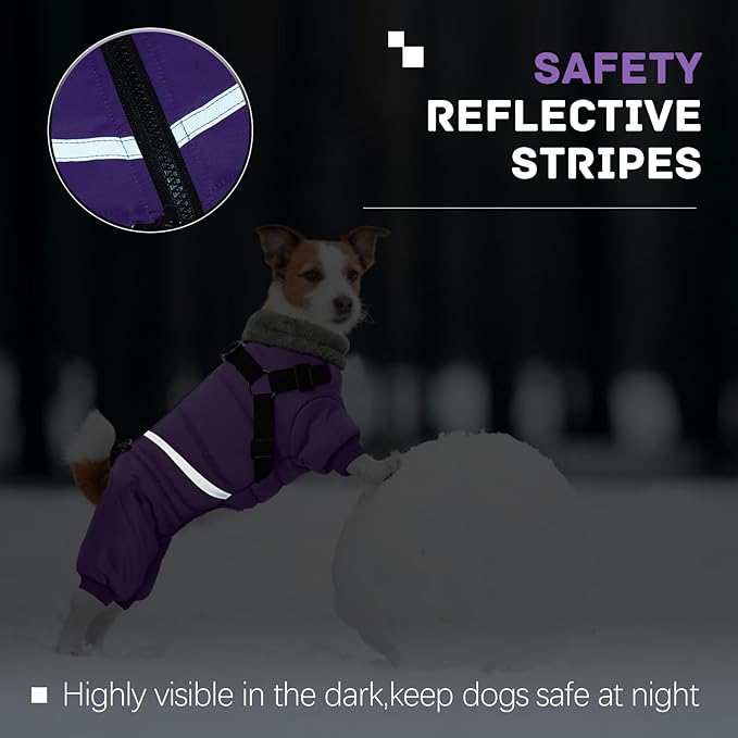 BRKURLEG Purple Dog Coat with Harness, Dog Winter Jacket, Dogs Onesie Body Warm Jackets, Small Medium Dogs Winter Coats Reflective Windproof Warm Cold Weather Coats, Pet Waterproof Jacket, XXL