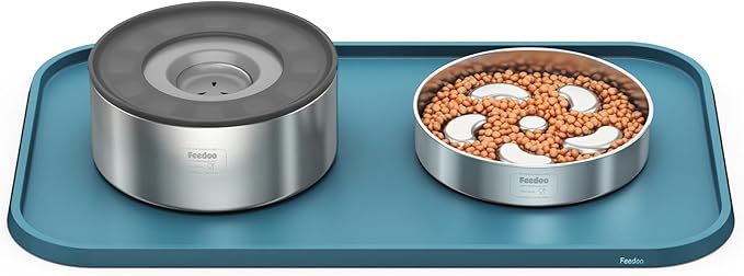 Pet Feeding Mat [Warped Resistant Raised Edge], Water-Proof Silicone Placement for Food Water Bowls, Anti-Slip Base Protect Floor, BPA-Free&Dishwasher-Safe [23.5x13.5inch Large, Blue]