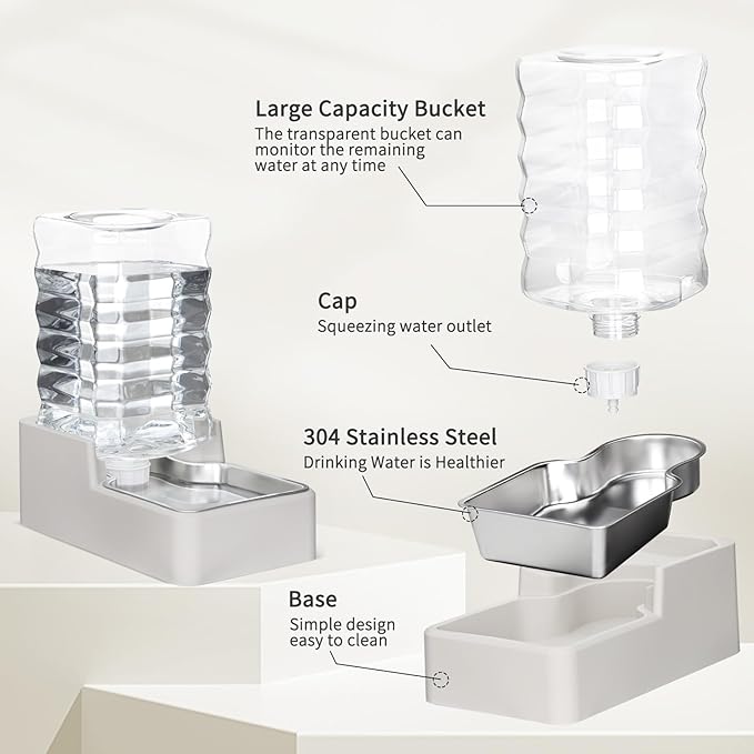 RIZZARI Stainless Steel Pet Water Feeder: 8.5L Beige Automatic Leak-Proof Gravity Dispenser for 30-60 LB Dogs with Spine Problems - Without Filter - for Living Room Kitchen