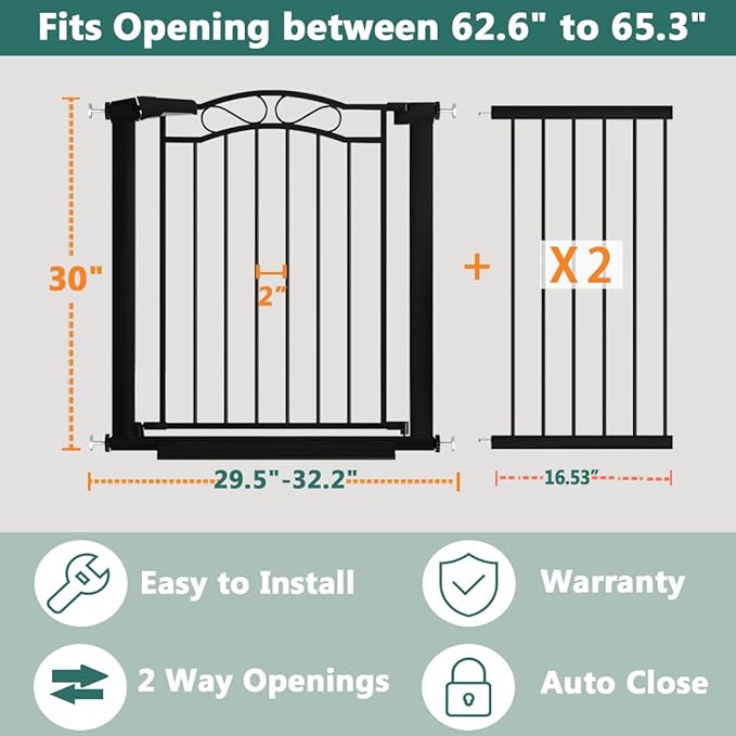 Extra Wide Baby Gate with Door Black-Large Walk Through Baby Gates for Stairs Pressure Mounted no Drill-Indoor Long Tension Metal Child Pet Safety Gate 62.60"-65.35" Wide