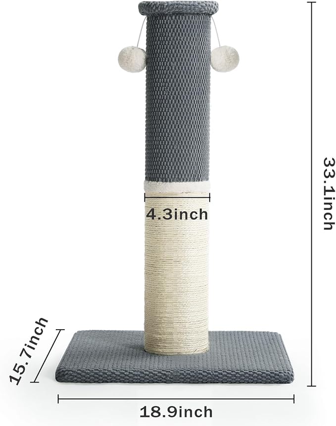 Made4Pets Tall Cat Scratching Post, Heavy Duty and Thicker Scratching Posts for Indoor Cats Adults, 33" Natural Sisal Cat Scratcher with Hanging Balls, Sturdy Base Cat Scratch Post, Light Grey