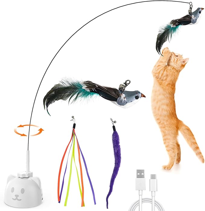 Cat Toys Feather Wand Enhanced Suction Cup Interactive Cat Toy Auto-Swing Cat Wand Toy with 3PCS Replacement Teaser Refills with Bell Bird/Ribbon/Worm