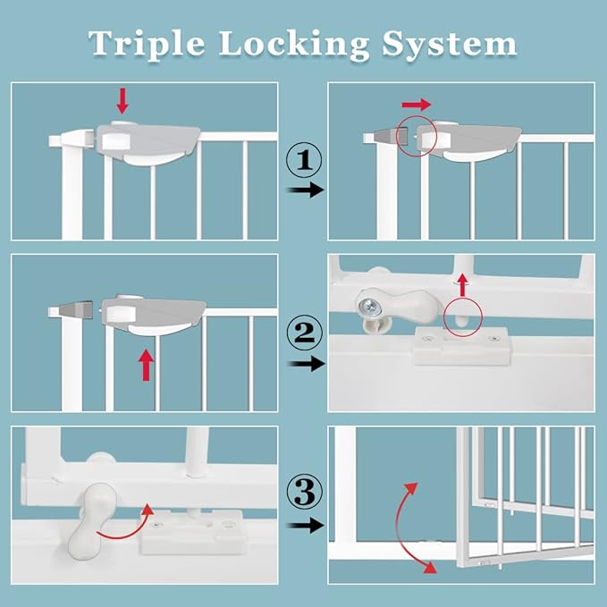 WAOWAO Triple Lock Baby Gate Extra Wide 39.76-43.7" Pressure Mounted Walk Through Swing Auto Close Safety White Metal Child Kids Dog Pet Puppy for Stairs,Doorways