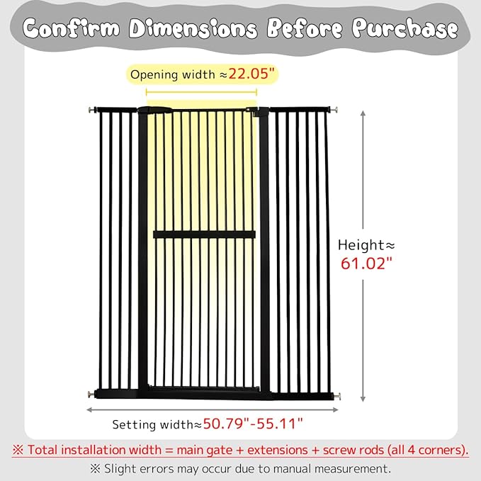 Lumizone Extra Tall Cat Gate 61.02" High Pressure Mounted Extra Wide 50.79"-55.11" (17Sizes) 1.37" Gap No Drilling Auto-Close Tall Pet Gate for Dogs (Black, 50.79"-55.11"/129-139.5cm)