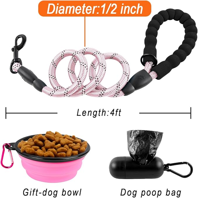 BARKBAY Dog Leashes for Large Dogs Heavy Duty Dog Leash 4/5/6 FT with Comfortable Padded Handle and Highly Reflective Threads for Medium Large Dogs Walking Training Running (4FT-1/2,Baby Pink)