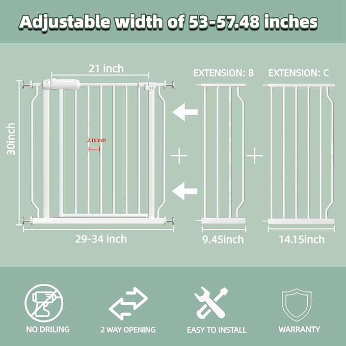 TSAYAWA Walk Through Baby Gate with Door, 53-57.48 Inch Wide Presure Mounted No Drill Metal Auto Close Child Gate for Stair Doorway - Indoor Outdoor Safty Gate for Toddler Dog Doggie, White