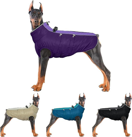 IDOMIK Warm Dog Coat with Harness, Waterproof Reflective Dog Jackets for Small Medium Large Dogs, Fleece High Collar Winter Jacket with Zipper, Pet Winter Snowsuit Clothes for Cold Weather,Purple 3XL