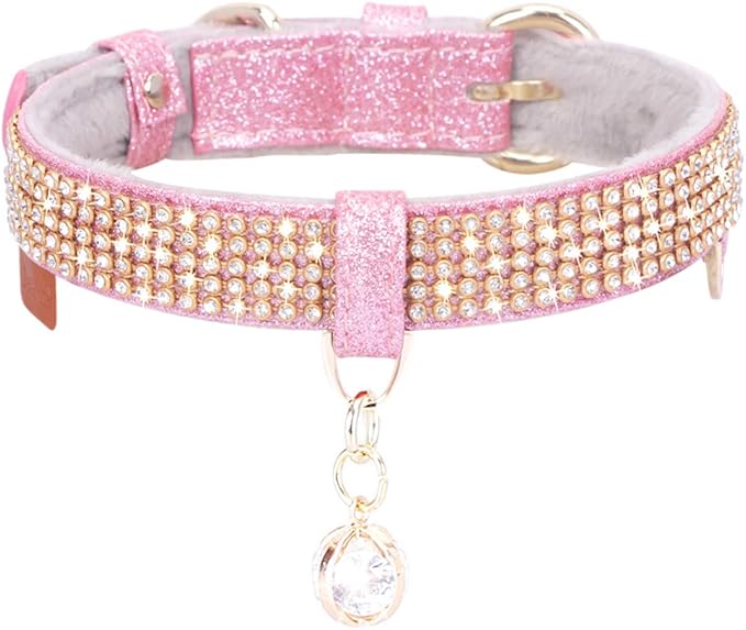 PetsHome Cat Collar, Dog Collar, [Bling Rhinestones] Premium PU Leather with Pendant Adjustable Collars for Small to Medium Dog Medium Pink