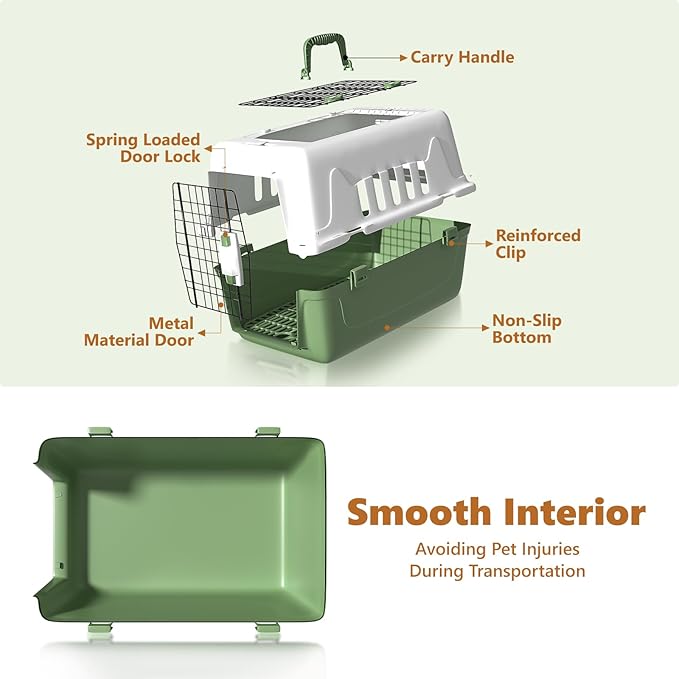 Athena Collection 22" Hard-Sided Travel Pet Carrier for Small Dogs and Cats, Plastic Dog Crate with 2-Door Top & Front Load, Ventilation, Security Lock, Cat Dog Carrier for Pet, up to 22lbs, Green