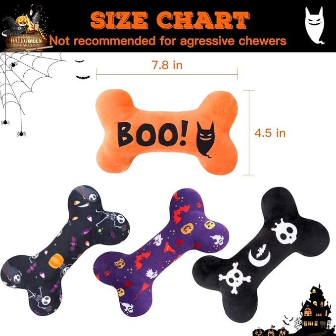 SCENEREAL Halloween Dog Toy for Small Medium Large Sized Dogs- 4Pack Plush Dog Squeaky Toys, Interactive Bone Dog Toys, Puppy Chew Toys for Indoor Outdoor Training
