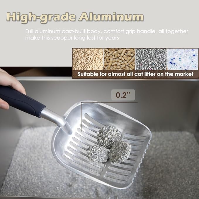 Full Metal Cat Litter Scoop with Holder, Stainless Steel Cat Litter Scooper Holder, Aluminum Kitty Scoop Captures All Clumps, Heavy Duty Kitty Metal Scooper with Non-Slip Handle