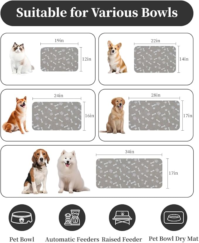 MontVoo Dog Food Mat-Pet Feeding Mat for Food and Water-No Stains Quick Dry Dispenser Cat Bowl Mat for Messy Drinkers(12"X19" Grey)