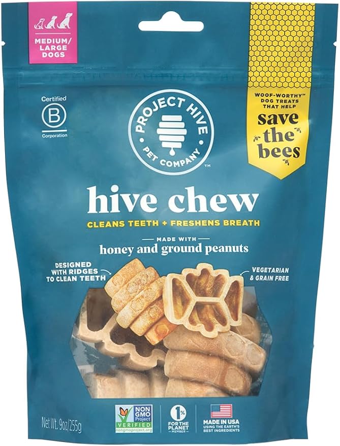 Hive Treats for Dogs — Healthy, Non-GMO Project Verified, Natural Peanut Butter Flavored, Natural, Vegetarian Chews, Made in The USA (Hive Chews, Large Breeds)
