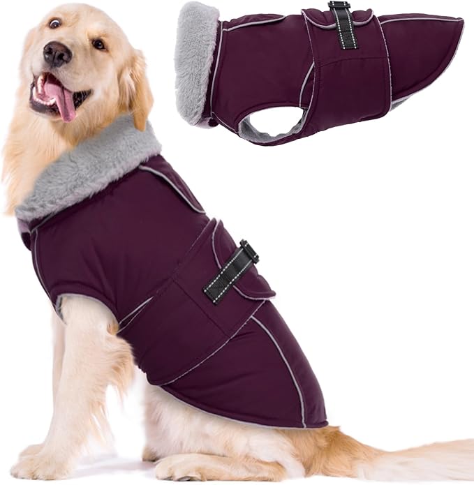Lelepet Warm Dog Coat Reflective Fleece Vest Waterproof Dog Jacket with Adjustable Buckle Hook & Loop Windproof Cold Weather Coats for Small Medium Large Dogs, Dark Purple, XL