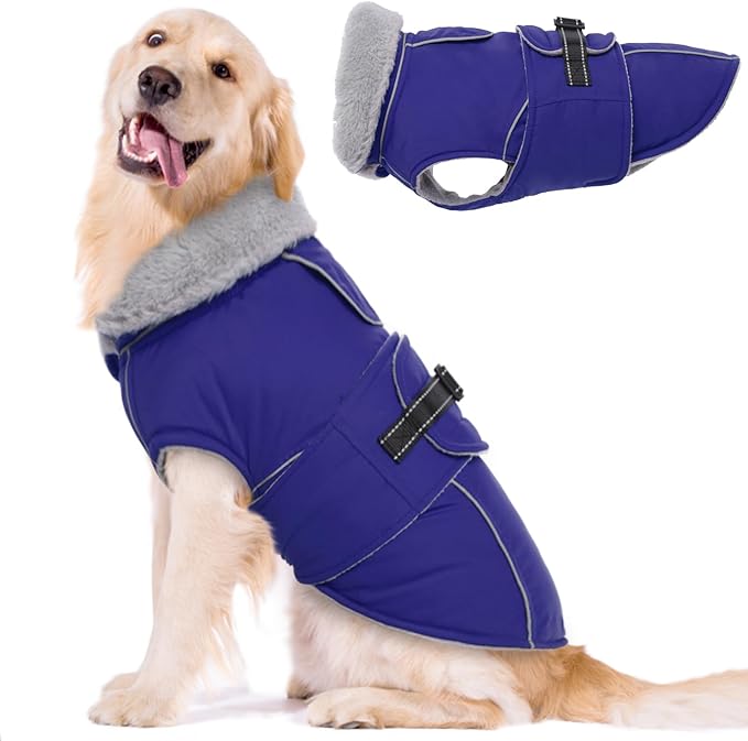Lelepet Warm Dog Coat Reflective Fleece Vest Waterproof Dog Jacket with Adjustable Buckle Hook & Loop Windproof Cold Weather Coats for Small Medium Large Dogs, Blue, XXXL