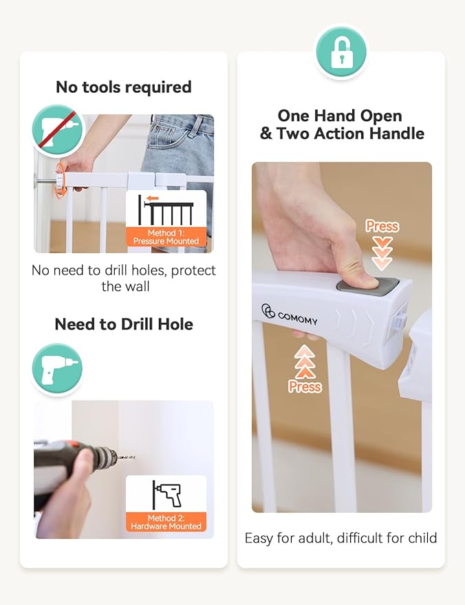 COMOMY 30" Tall Baby Gate for Stairs Doorways, Fits Openings 29.5" to 43.3" Wide, Auto Close Extra Wide Dog Gate for House, Pressure Mounted Easy Walk Through Pet Gate with Door, White