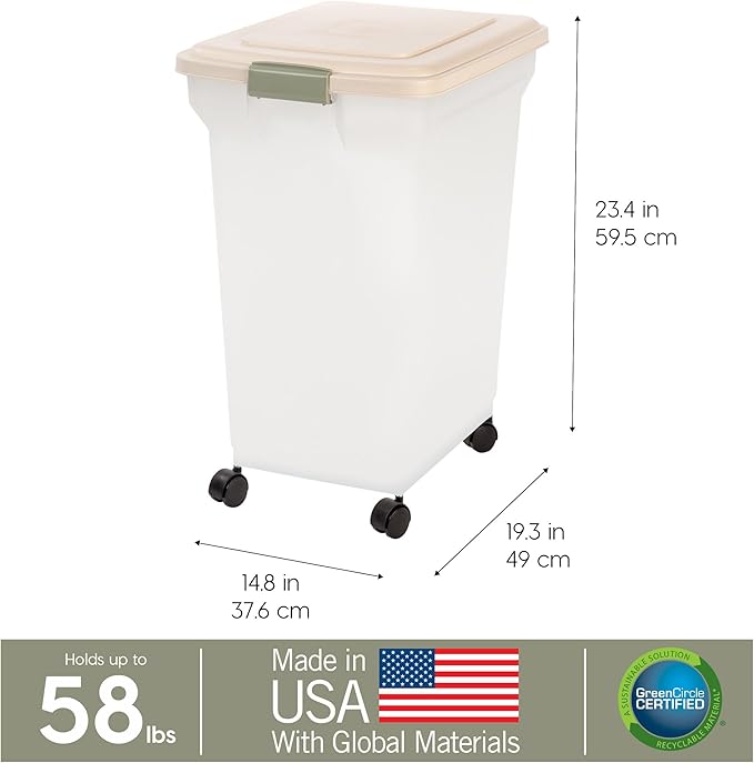 IRIS USA WeatherPro Airtight Dog Food Storage Container, Up to 58 lbs, Attachable Wheels, For Dog Cat Bird and Other Pet Food Storage Bin, Keep Fresh, Translucent Body, Pearl/Almond