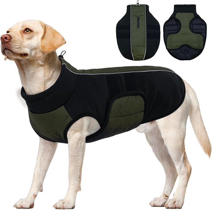 Kuoser Dog Jacket, Dog Coats for Large Dogs Winter Waterproof, Reflective Doggie Vest with Leash Hole, Cold Weather Coats Pet Snow Jacket for Labrador Beagle, Green XL