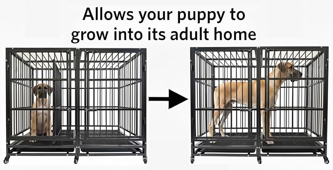 54 Heavy Duty Indestructible and Escape-Proof Dog Crate Cage Kennel with Divider for 2 Large Dogs, High Anxiety Dog Crate with Removable Wires Trays and Wheels, Extra Large XL XXL