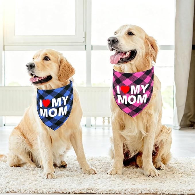 GreenJoy Cute Plaid Dog Bandana – Washable Pet Triangle Scarf for Small, Medium, Large Dogs and Cats, Adjustable Pet Accessory for Birthday, Wedding and Christmas (Blue (I Love My Mom), Medium)