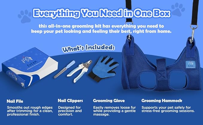 Pet Grooming Hammock for Cats & Small Dogs – Nail Clipping Kit with Sling, Clippers, File, Glove, Straps & Carabiners – Ideal for Trimming & Ear Cleaning – [S/XS] (Blue, Extra-Small)
