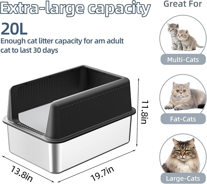 Stainless Steel Cat Litter Box with Lid,XL,19.7” L x 13.8” W x 11.8”H Deep,Large Metal Litter Box with High Side,for Small and Large Cats,Anti-Leakage Non-Sticky Easy Cleaning Include Litter Scoop