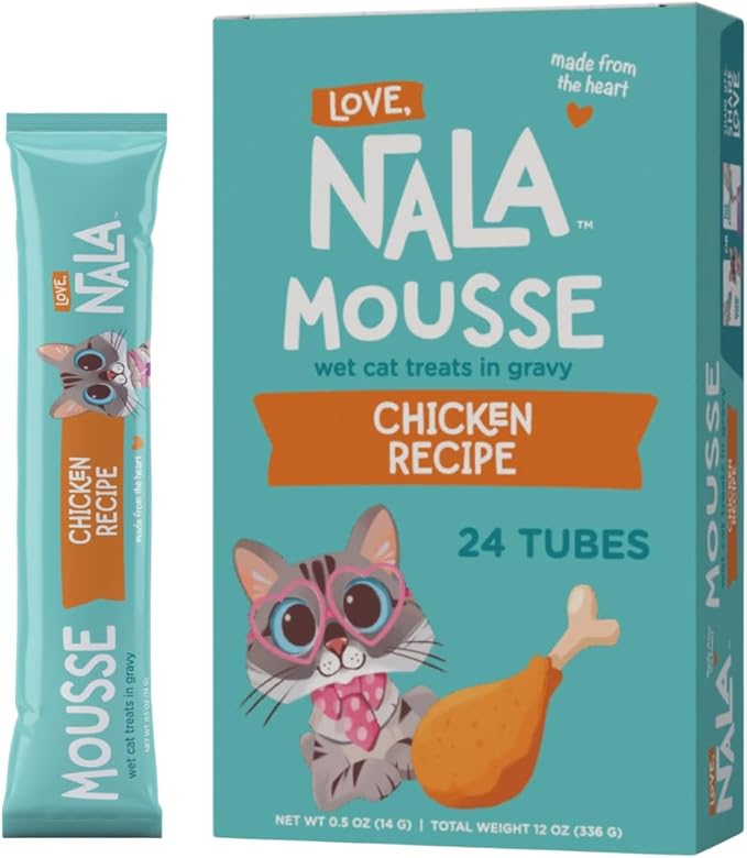 LOVE, NALA Lickable Cat Treats – Grain-Free Squeeze Up Mousse Puree for Cats – Natural, Tasty Wet Cat Treats – Chicken Flavor – 24-Pack