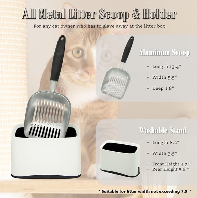 Heavy Duty Cat Litter Scoop with Holder - All Metal Cat Litter Scooper with Holder - Speed Sifter Litter Box Scooper Captures All Clumps - Aluminum Cats Littter Scooper and Caddy