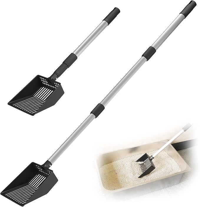 Cat Litter Scoop, Deep Shovel with Metal Long Handle, 21"-39.5" Telescopic & Adjustable Heavy Duty Fast Sifting Shovel Kitty Litter Scooper for Sifting Cats Litter