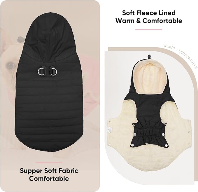 Fleece Lining Dog Hoodie with Harness Built in,Extra Warm Small Dog Jacket in Winter Puppy Coats with Drawstring Hooded,Black XS