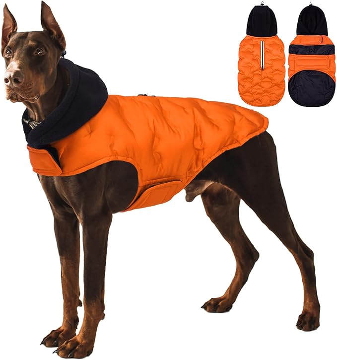 Nanaki Large Puffer Jacket for Dogs for Cold Weather-Warm Dog Winter Jacket with Leash Hole, Lightweight Windproof Puffer Vest with Hood for Outdoor Activities, Snowsuit Halloween Christmas, Orange