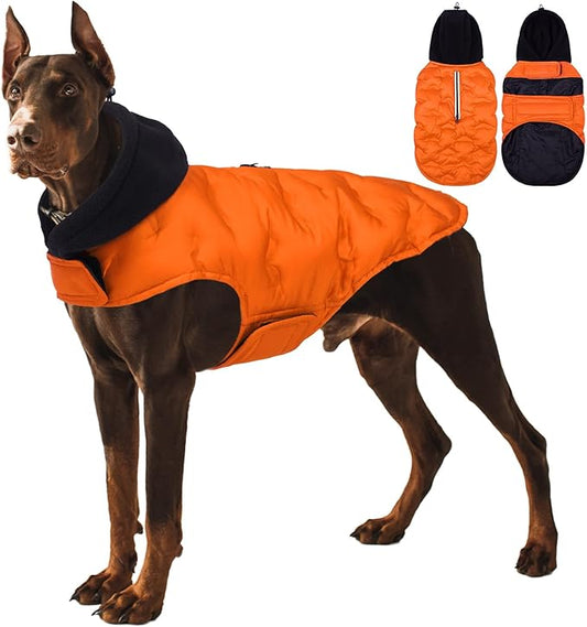 Nanaki Large Puffer Jacket for Dogs for Cold Weather-Warm Dog Winter Jacket with Leash Hole, Lightweight Windproof Puffer Vest with Hood for Outdoor Activities, Snowsuit Halloween Christmas, Orange