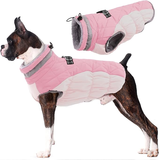 Lelepet Dog Coat Warm Dog Winter Coat Waterproof Dogs Jacket with Harness Built in Reflective Pet Fleece Vest Zip-Up Cold Weather Coats for Large Dogs Turtleneck & Windproof Coats Pitbull Pink 2XL