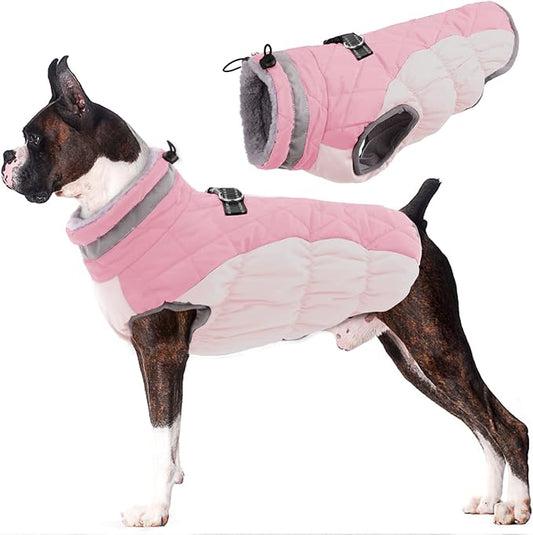 Lelepet Dog Coat Warm Dog Winter Coat Waterproof Dogs Jacket with Harness Built in Reflective Pet Fleece Vest Zip-Up Cold Weather Coats for Large Dogs Turtleneck & Windproof Coats Pitbull Pink 2XL
