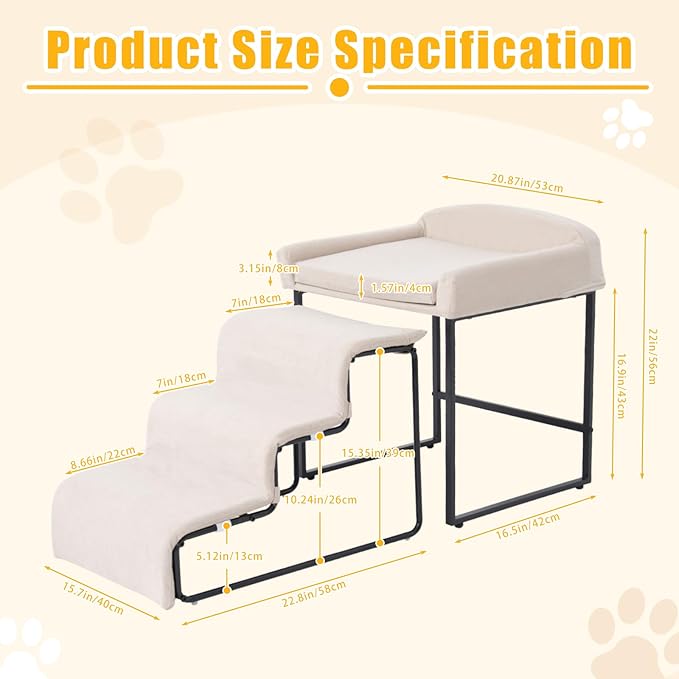 Dog Stairs with Beside Pet Bed Set for Window Bed Sofa Sturdy Metal Frame with Soft Cushion 3 Stairs Dog Steps and Window Perch for Small Pets (with Pet Bed)