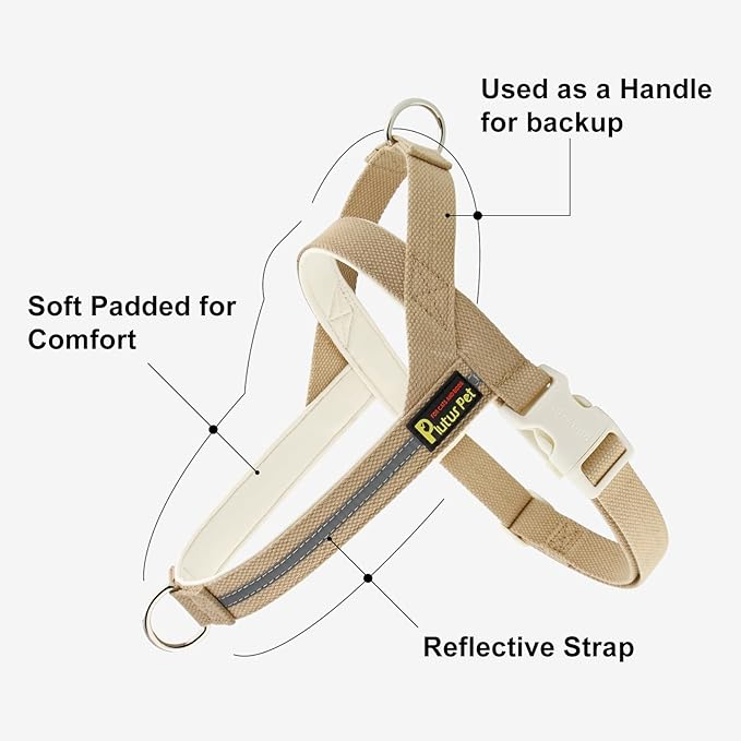 Plutus Pet Cotton Dog Harness and Leash Set, Reflective and Soft Padded, Quick Fit Vest Harness, for Small, Medium and Large Dogs, Beige, M