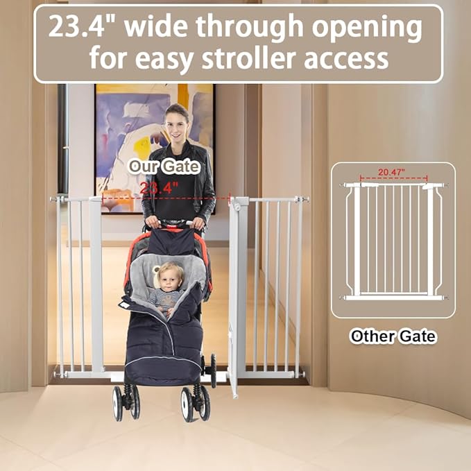 40.55" Tall 1.37" Ultra Narrow Spacing 73.43"-81.30" Extra Wide Dogs Pets Baby Gate with Cat Door for Doorway Safety Proof Indoor Puppy Pressure Mounted No Drill White Black Metal Hallway