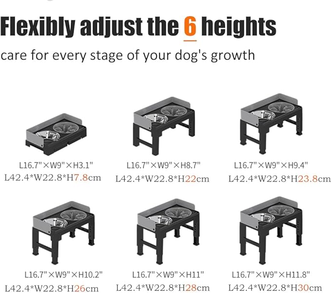 Marchul Elevated Dog Bowls for Medium Large Dogs, 6 Height Adjustable Dog Bowl Stand 3.1''/ 8.7''/ 9.4''/ 10.2''/ 11''/11.8'', with 1 Slow 1*Feeder Dogs Bowl & 1 * 40oz Stainless Steel