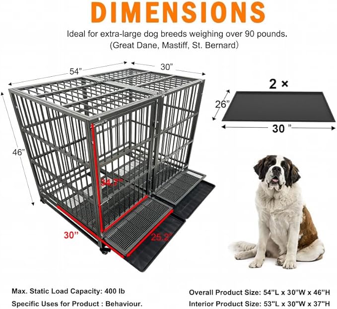 54/48/42/38 Inch Heavy Duty Dog Crate Cage with Wheels, Indestructible and Escape Proof Steel Kennel Indoor for High Anxiety Dogs with Sturdy Locks, Double Door and Tray, Extra Large XL XXL