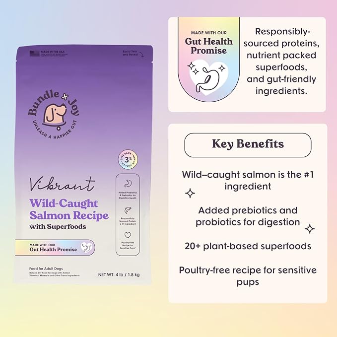 Vibrant Probiotic Dog Food Dry, Salmon, 18lb Bag, Allergy and Gut-Friendly Adult Kibble for Digestive Health with Wild-Caught Salmon, 20 Plant Based Superfoods, Grain x Poultry Free