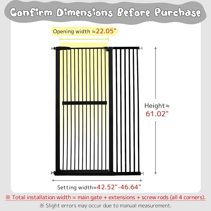 Lumizone Extra Tall Cat Gate 61.02" High Pressure Mounted Extra Wide 42.52"-46.64" (17Sizes) 1.37" Gap No Drilling Auto-Close Tall Pet Gate for Dogs (Black, 42.52"-46.64"/108-118cm)